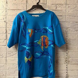 Victoria Harbour Vintage XL Blue T-Shirt Embroidered Sequin Fish Ocean Tropical
